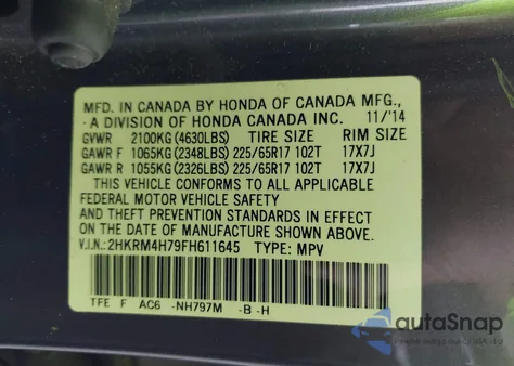 2015 Honda Cr-V Ex-L z USA, uszkodzony, nr VIN 2HKRM4H79FH611645